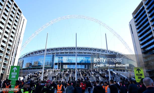 General view outside the stadium as fans arrive at the stadium prior to the Carabao Cup Final match between Chelsea and Liverpool at Wembley Stadium...