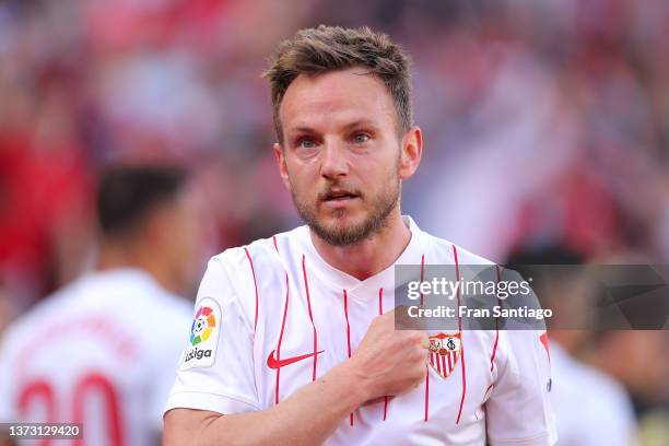 Ivan Rakitic of Sevilla FC celebrates after scoring their team's first goal during the LaLiga Santander match between Sevilla FC and Real Betis at...