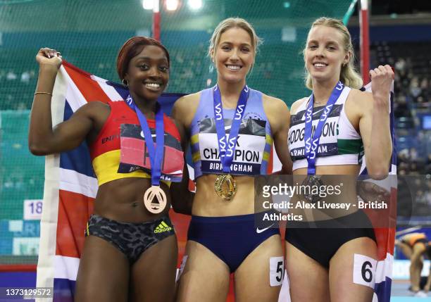 Bronze Medallist Ama Pipi of Enfield, Gold Medallist Jessie Knight of WSE Hounslow and Silver Medallist Keely Hodgkinson of Leigh pose following the...