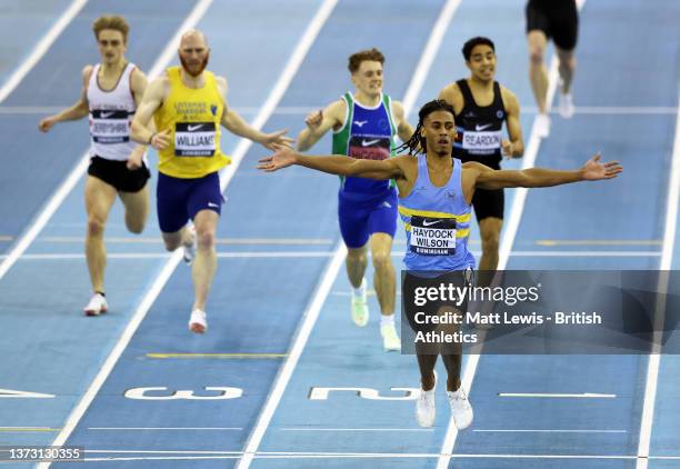 Alex Haydock-Wilson of WSE Hounslow celebrates after winning the Men's 400 Metres Final prior to being disqualified during Day Two of the UK...