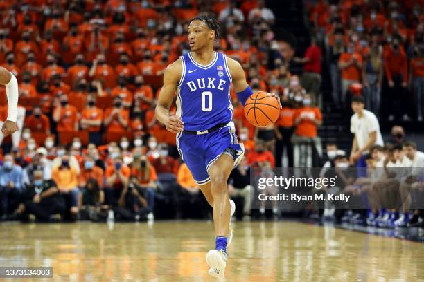 Wendell Moore Jr. #0 of the Duke Blue Devils dribbles during a game against the Virginia Cavaliers at John Paul Jones Arena on February 23, 2022 in...