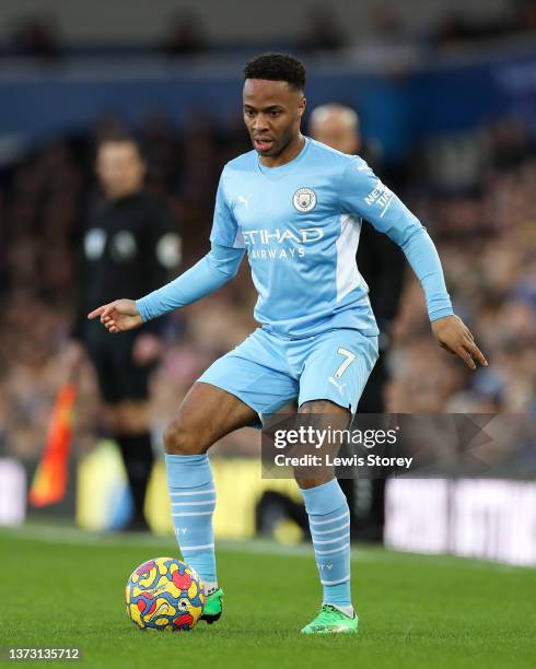 Raheem Starling of Manchester City runs with the ball during the Premier League match between Everton and Manchester City at Goodison Park on...