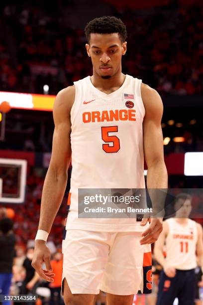 Frank Anselem of the Syracuse Orange warms up prior to a game against the Duke Blue Devils at the Carrier Dome on February 26, 2022 in Syracuse, New...
