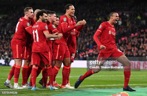 Joel Matip of Liverpool celebrates a goal which was later disallowed by VAR during the Carabao Cup Final match between Chelsea and Liverpool at...