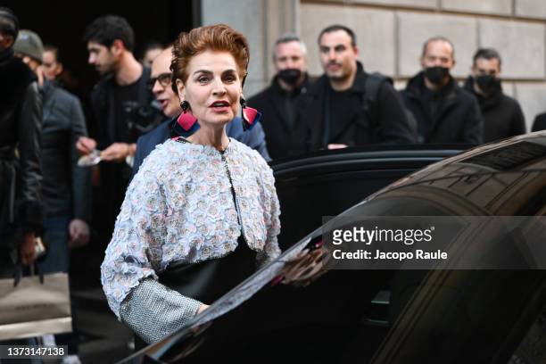 Antonia Dell'Atte arrives at the Giorgio Armani fashion show during the Milan Fashion Week Fall/Winter 2022/2023 on February 27, 2022 in Milan, Italy.