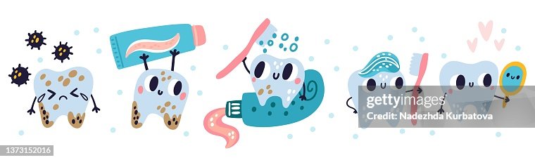 Cleaning Teeth Steps Cartoon Tooth Character Washes Oral Care ...