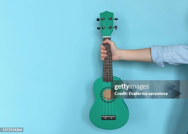 hawaiian guitar in the boy's hand on a blue background. - ukulele foto e immagini stock