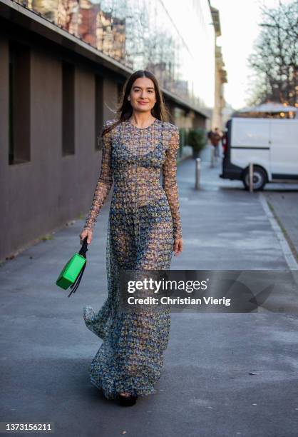 Natalia Bonifacci is seen wearing sheer long dress outside Philosophy fashion show during the Milan Fashion Week Fall/Winter 2022/2023 on February...