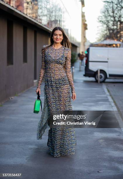 Natalia Bonifacci is seen wearing sheer long dress outside Philosophy fashion show during the Milan Fashion Week Fall/Winter 2022/2023 on February...