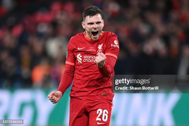 Andrew Robertson of Liverpool celebrates following their team's victory in the penalty shoot out during the Carabao Cup Final match between Chelsea...