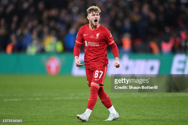 Harvey Elliott of Liverpool celebrates following their team's victory in the penalty shoot out during the Carabao Cup Final match between Chelsea and...