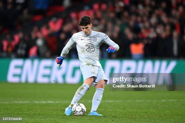 Kepa Arrizabalaga of Chelsea misses the deciding penalty in the penalty shoot out during the Carabao Cup Final match between Chelsea and Liverpool at...