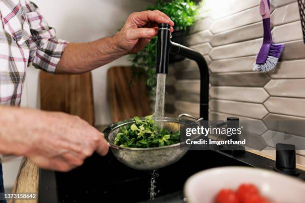 senior couple preparing a healthy vegetable salad at home. - 水喉水 個照片及圖片檔