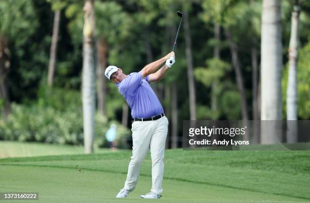 Sepp Straka of Austria plays his second shot on the third hole during the final round of The Honda Classic at PGA National Resort And Spa on February...