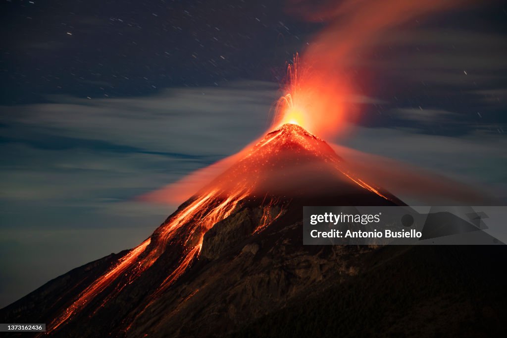 Volcan de Fuego erupting, as seen from Acatenango