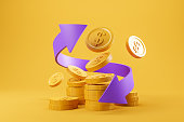 Golden coins on bright background, online payment and refund