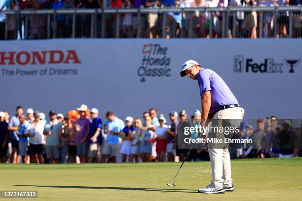Sepp Straka of Austria putts on the tenth green during the final round of The Honda Classic at PGA National Resort And Spa on February 27, 2022 in...