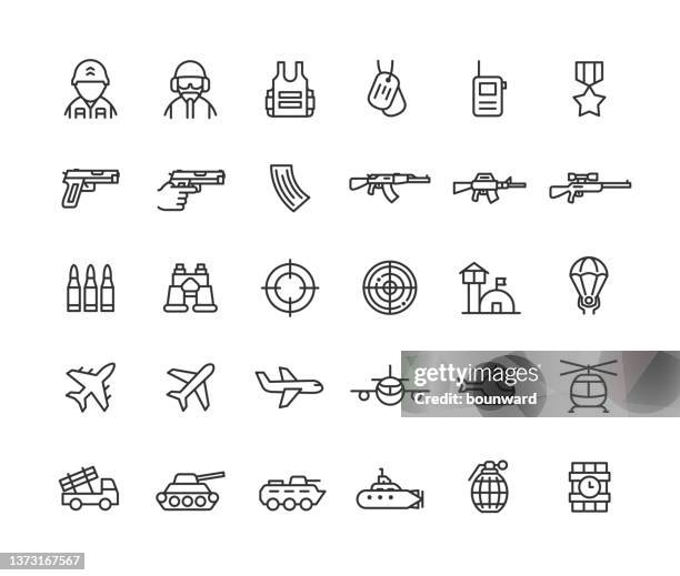 illustrazioni stock, clip art, cartoni animati e icone di tendenza di defense industry line icons tratto modificabile - fucile