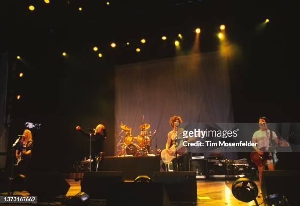 Charlotte Caffey, Belinda Carlisle, Gina Schock, Kathy Valentine, and Jane Wiedlin of The Go-Go's perform at Shoreline Amphitheatre on July 31, 2000...