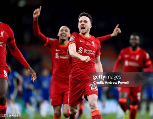 Diogo Jota of Liverpool celebrating the win at the end of the Carabao Cup Final match between Chelsea and Liverpool at Wembley Stadium on February...