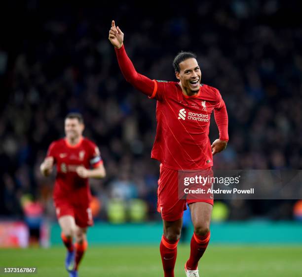 Virgil van Dijk of Liverpool celebrating the win at the end of the Carabao Cup Final match between Chelsea and Liverpool at Wembley Stadium on...