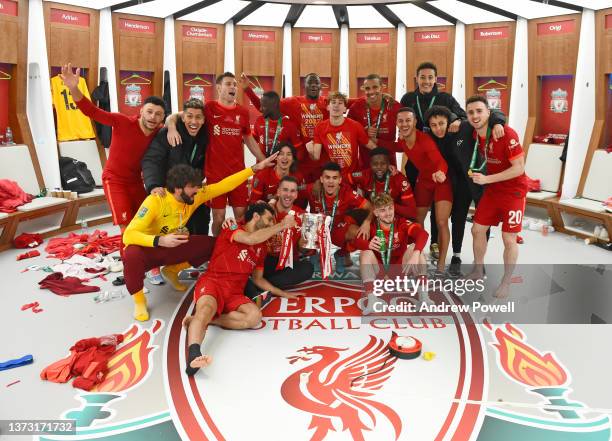 Liverpool team celebrating in≈ the dressing room at the end of the Carabao Cup Final match between Chelsea and Liverpool at Wembley Stadium on...