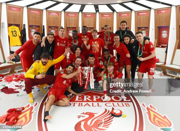 Liverpool team celebrating in≈ the dressing room at the end of the Carabao Cup Final match between Chelsea and Liverpool at Wembley Stadium on...