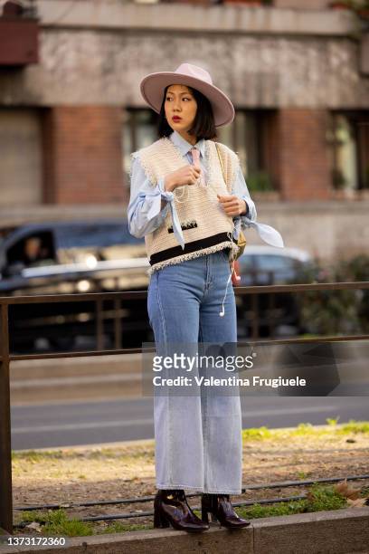Guest is seen ahead of the MSGM fashion show wearing a felt hat and yuta vest during the Milan Fashion Week Fall/Winter 2022/2023 on February 27,...