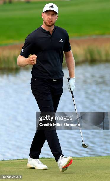 Daniel Berger reacts to his putt on the 14th hol during the final round of The Honda Classic at PGA National Resort And Spa on February 27, 2022 in...