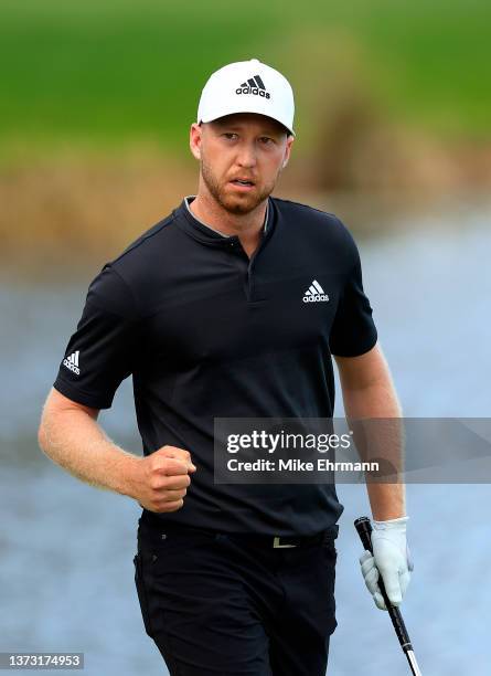 Daniel Berger reacts to his putt on the 14th hol during the final round of The Honda Classic at PGA National Resort And Spa on February 27, 2022 in...