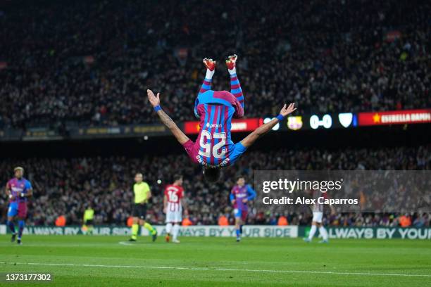 Pierre-Emerick Aubameyang celebrates after scoring his team's first goal during the LaLiga Santander match between FC Barcelona and Athletic Club at...