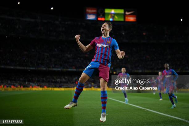 Luuk de Jong of FC Barcelona celebrates after scoring his team's third goal during the LaLiga Santander match between FC Barcelona and Athletic Club...