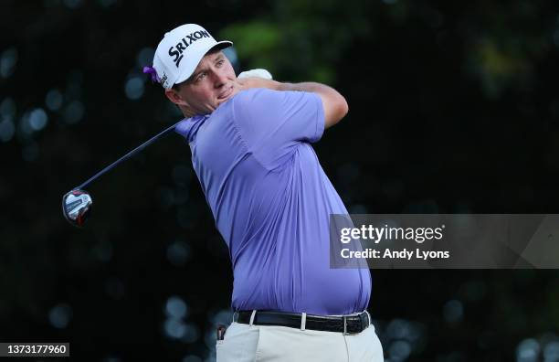 Sepp Straka of Austria plays his shot from the 14th tee during the final round of The Honda Classic at PGA National Resort And Spa on February 27,...