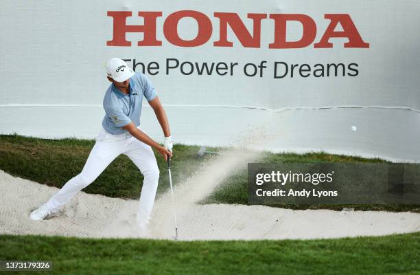 Adam Svensson of Canada plays his shot during the final round of The Honda Classic at PGA National Resort And Spa on February 27, 2022 in Palm Beach...