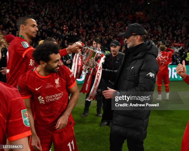 Jurgen Klopp manager of Liverpool of Liverpool with the EFL Carabao Cup trophy at the end of the Carabao Cup Final match between Chelsea and...