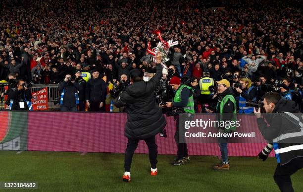 Jurgen Klopp manager of Liverpool of Liverpool with the EFL Carabao Cup trophy at the end of the Carabao Cup Final match between Chelsea and...