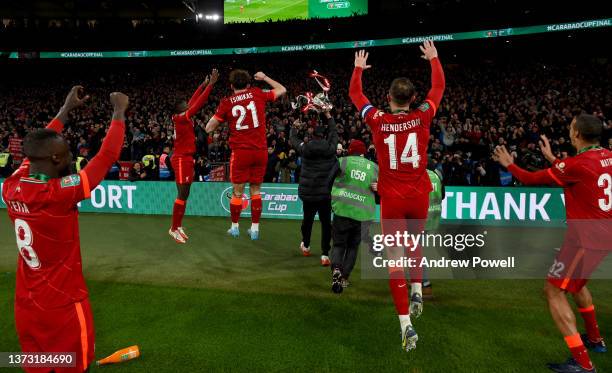 Jurgen Klopp manager of Liverpool of Liverpool with the EFL Carabao Cup trophy at the end of the Carabao Cup Final match between Chelsea and...