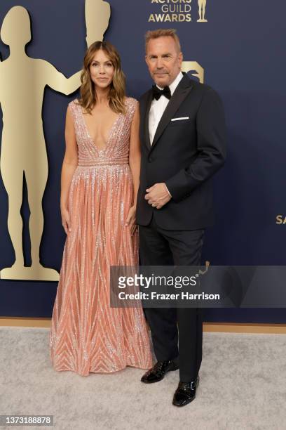 Christine Baumgartner and Kevin Costner attend the 28th Annual Screen Actors Guild Awards at Barker Hangar on February 27, 2022 in Santa Monica,...