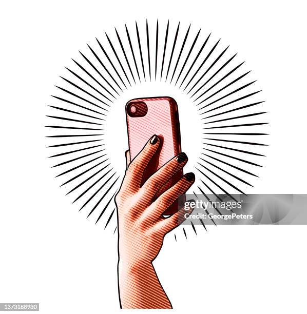 der frau hand halten smartphone - taking selfie white background stock-grafiken, -clipart, -cartoons und -symbole