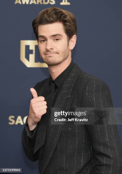 Andrew Garfield attends the 28th Annual Screen Actors Guild Awards at Barker Hangar on February 27, 2022 in Santa Monica, California.