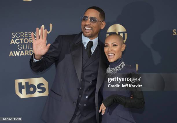 Will Smith and Jada Pinkett Smith attend the 28th Annual Screen Actors Guild Awards at Barker Hangar on February 27, 2022 in Santa Monica, California.