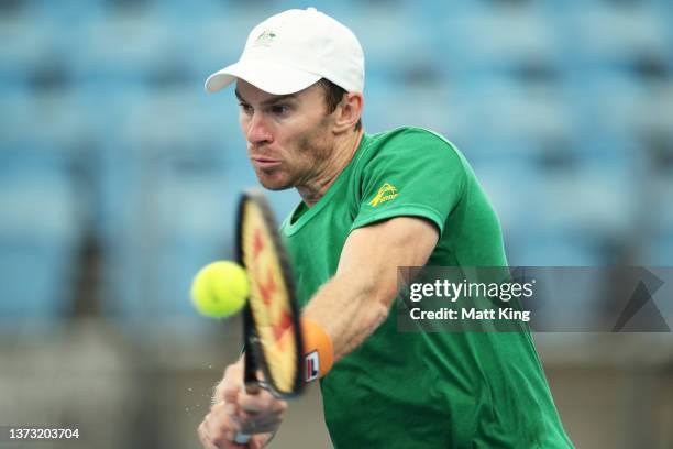 John Peers plays a backhand during a practice session ahead of the Davis Cup Qualifier between Australia and Hungary at Ken Rosewall Arena on...