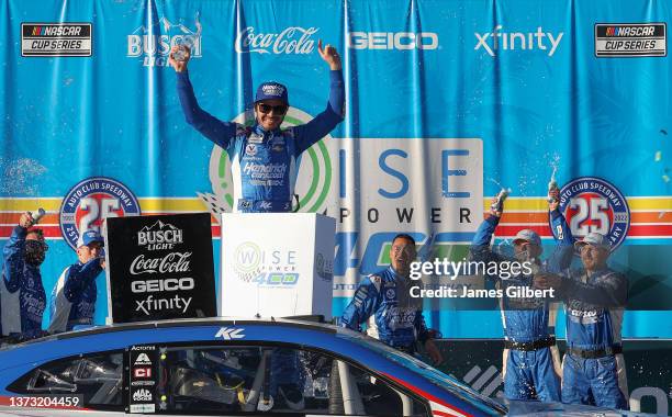 Kyle Larson, driver of the HendrickCars.com Chevrolet, celebrates in the Ruoff Mortgage victory lane after winning the NASCAR Cup Series Wise Power...