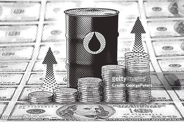 illustrazioni stock, clip art, cartoni animati e icone di tendenza di l'aumento dei prezzi del petrolio - barile di metallo