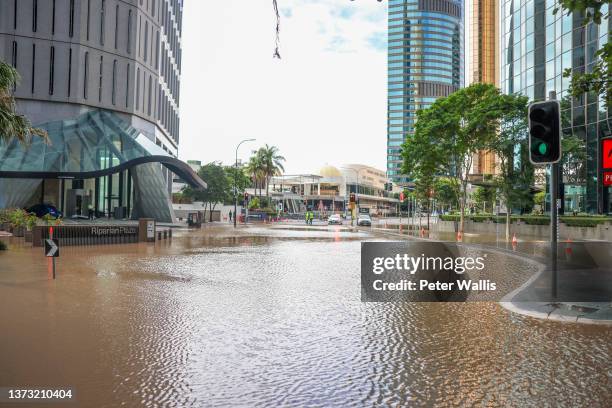 Flooding on Creek Street in the Brisbane CBD on February 28, 2022 in Brisbane, Australia. Parts of South-East Queensland are experiencing the worst...