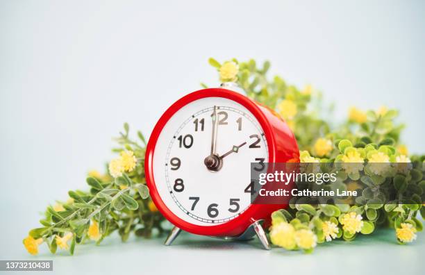 spring time. red clock with bouquet of yellow spring flowers and greenery. daylight savings concept - spring forward stock pictures, royalty-free photos & images