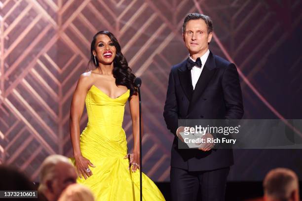 Kerry Washington and Tony Goldwyn speak onstage during the 28th Annual Screen Actors Guild Awards at Barker Hangar on February 27, 2022 in Santa...