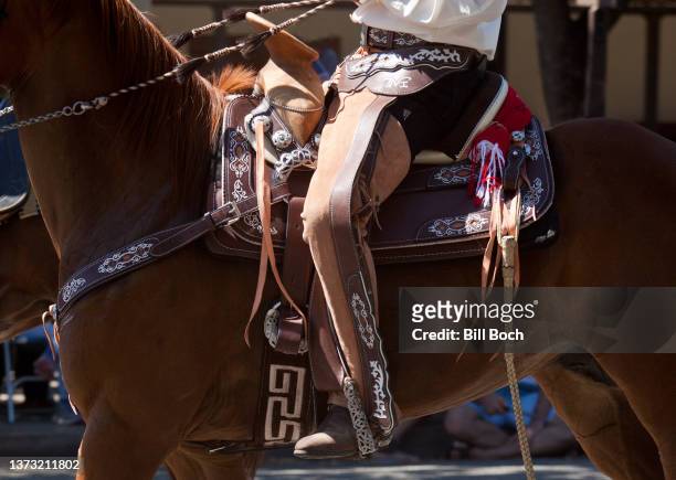 mexican saddle, rider and riding tack 4 - part of a series - chaps stock pictures, royalty-free photos & images