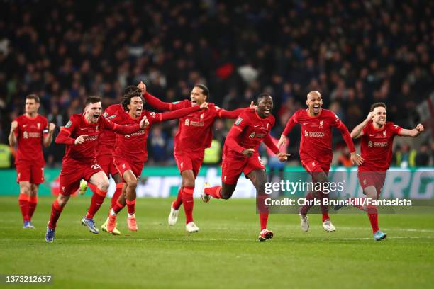 Liverpool celebrate after winning the penalty shoot-out following the Carabao Cup Final match between Chelsea and Liverpool at Wembley Stadium on...