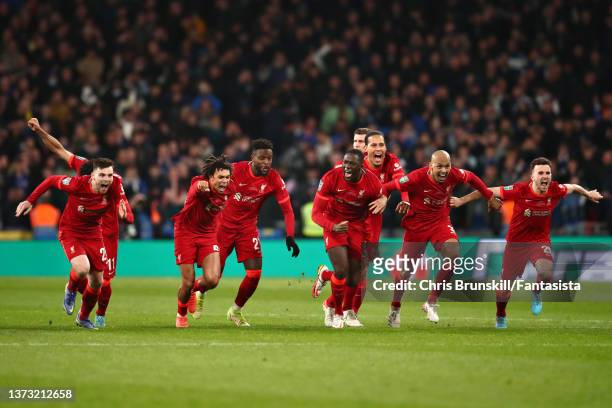 Liverpool celebrate after winning the penalty shoot-out following the Carabao Cup Final match between Chelsea and Liverpool at Wembley Stadium on...
